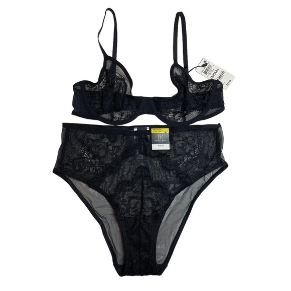 INC Intimates Underwire Lace Bra & Lace Trim Mesh Brief Underwear Black Medium - Picture 1 of 13